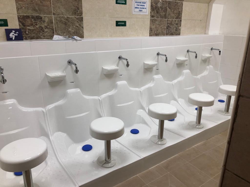 A series of 5 WuduMate Modular units, installed in the ablution area of a mosque