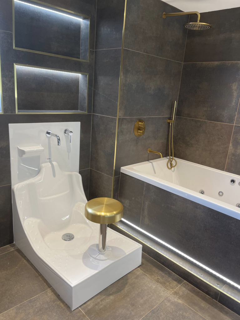 WuduMate Modular wudu sink with gold seat top installed in a home bathroom