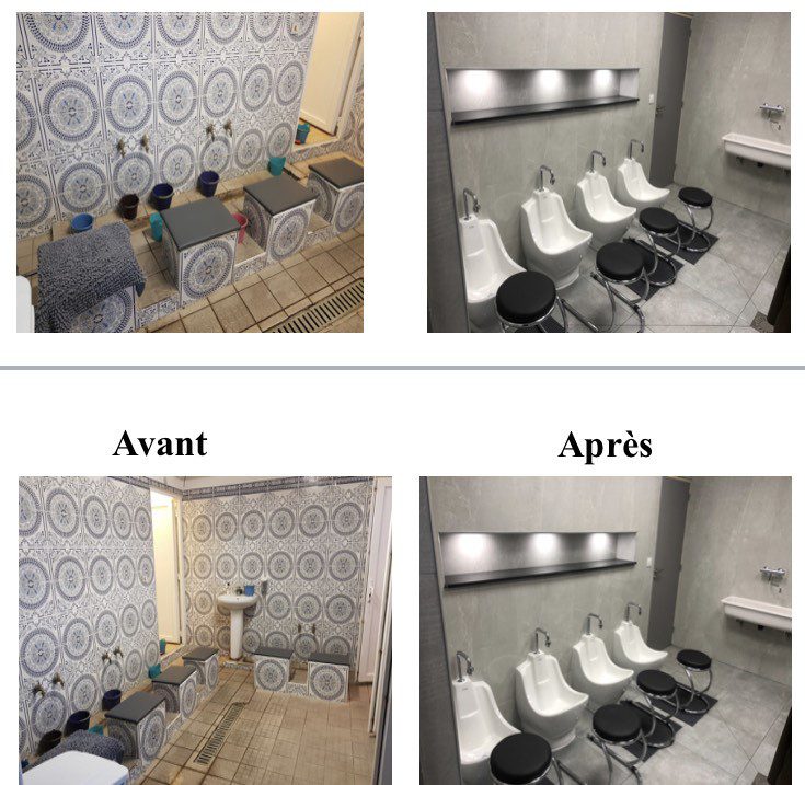 Before and after pictures of the wudu ablution room in the Mosque de Sallaumines in France, featuring the WuduMate Compact.