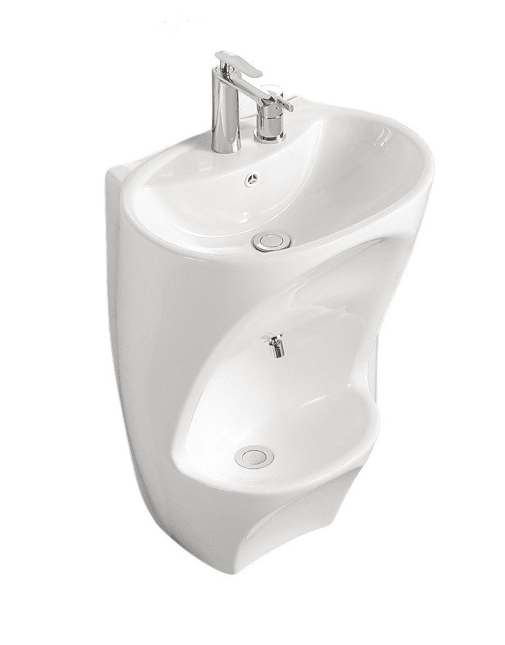Image of the WuduMate WuduBasin - a wudu sink with two bowls - one at the top for handwashing, and a second bowl in the base of the unit for washing the feet during wudu